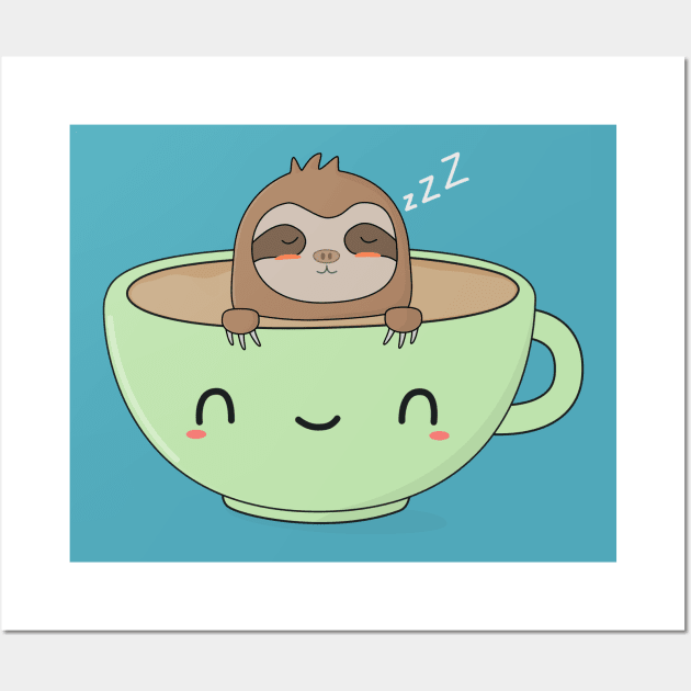 Cute Cartoon Coffee Sloth Wall Art by happinessinatee